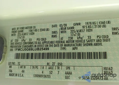 2020 Ford Escape Se из США, поврежденный, VIN 1FMCU0G69LUB25499